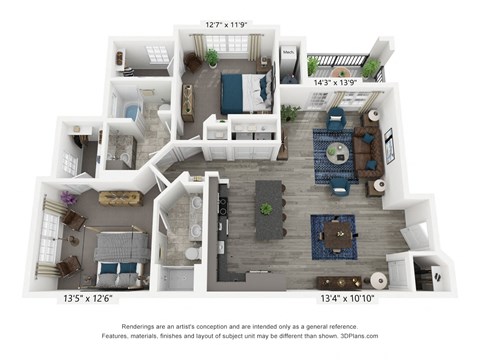 Floor plan for 2 beds, 2 baths, 1268 sqft